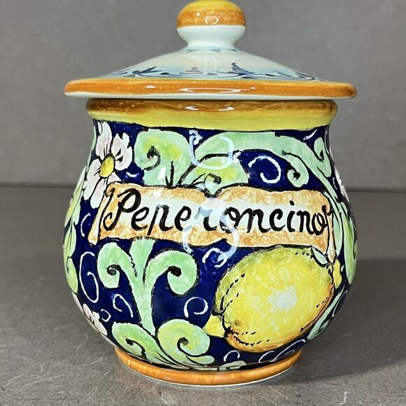 CERAMICHE D’ARTE PARRINI Ceramic Peperoncino Hot Pepper Jar W/ Lid Lemon Tuscany - Picture 2 of 12